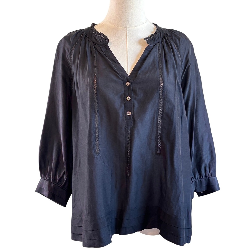 Joie Darkest Navy Cotton Silk Lace Trim Boho Peasant Blouse Women's Small